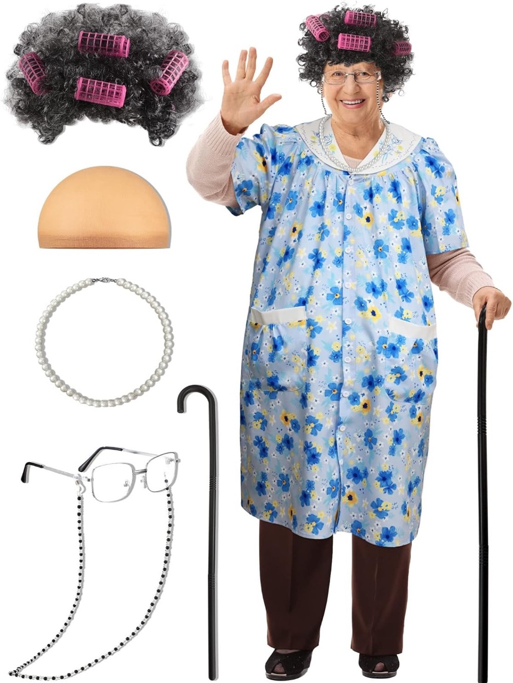7pc Old Lady Costume Robe Granny Wig Hair Roller Crutch Glasses Wig Cap